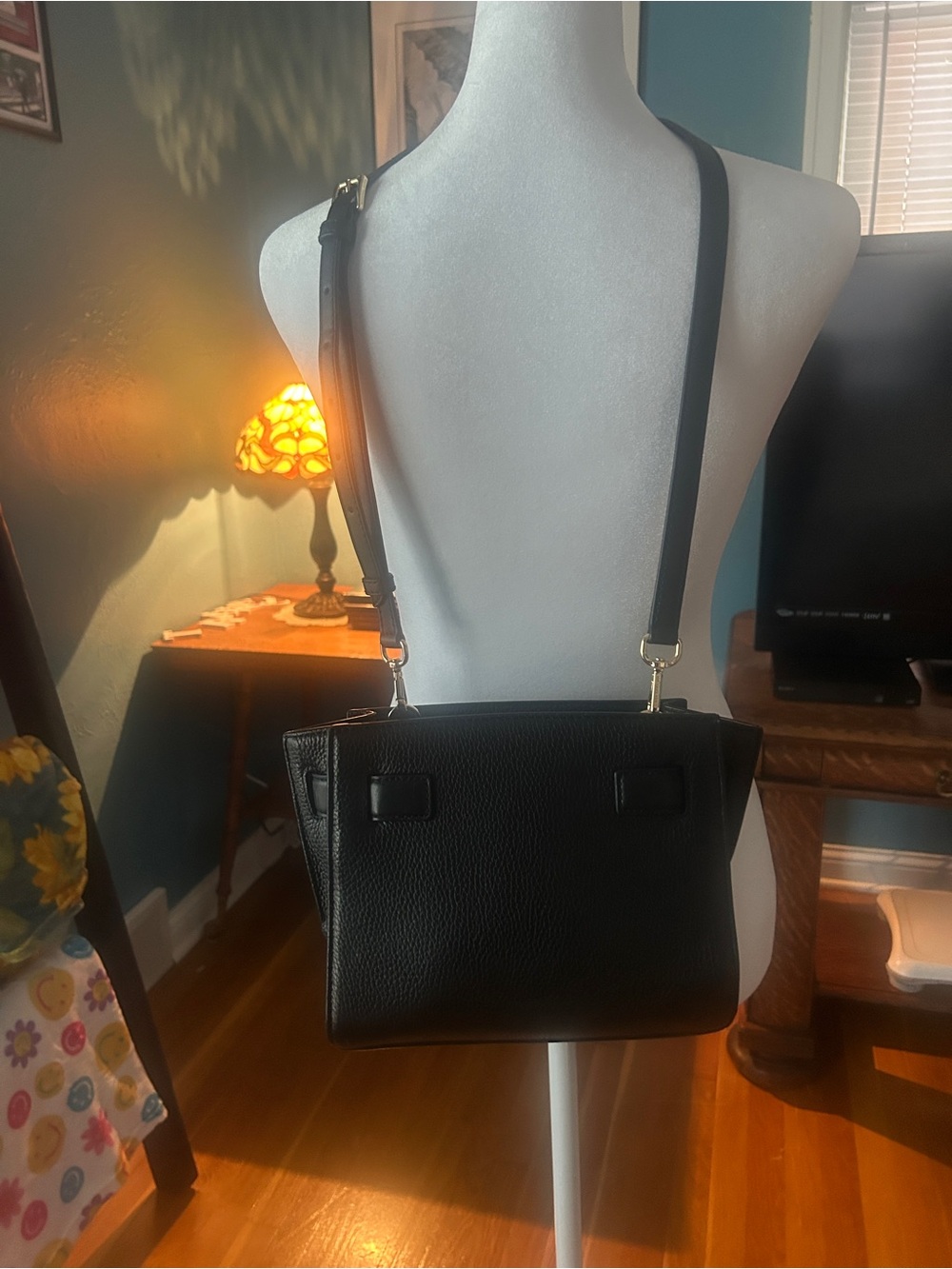 Michael Kors Black Pebbled Leather Satchel with Gold-Tone Padlock - Picture 3 of 10